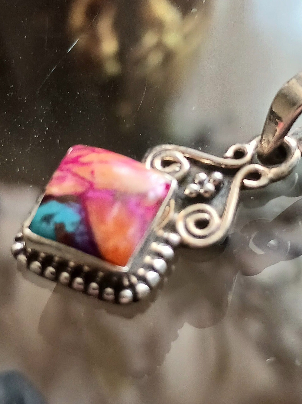 Pink Dahlia Turquoise Sterling Silver 925 Pendant, 1.25" length